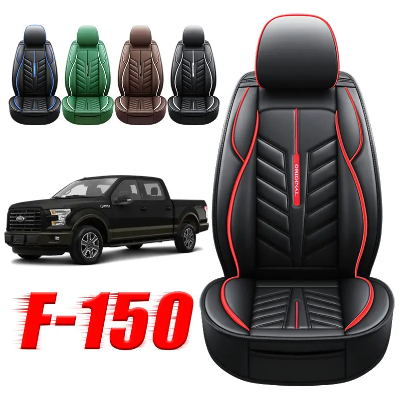 Full Coverage 5-Seat Premium Leatherette PU Leather Covers for Ford F-150, Black & Red, Luxurious Feel, All-Weather Protection, Perfect Fit Car Interior Accessory