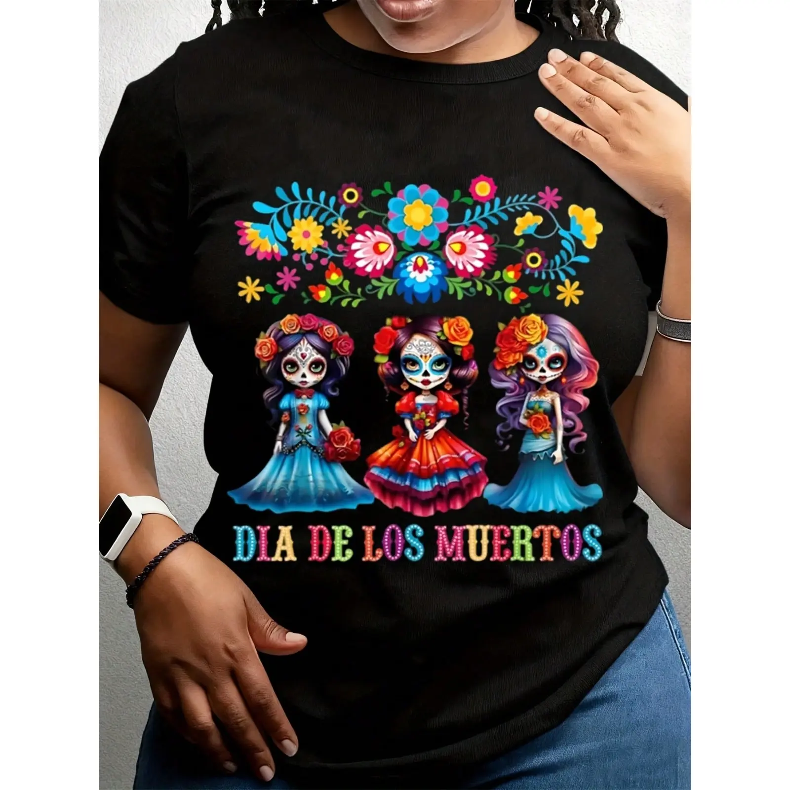Men's Casual Cotton Menswear T-Shirt - Short-Sleeve Round Neck, Sugar Skull Dia De Los Muertos Catrina Day of Dead Graphic, All Seasons Adult Crewneck Top