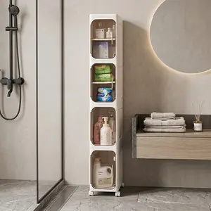 Narrow Bathroom Storage Cabinet Slim 4 Tier with Doors, Tall Skinny Floor Organizer Plastic Shelf with Wheels for Small Spaces, Foldable Stackable Over Toilet Cabinet, Aesthetic Bathroom Organization Storage for Apartment Dorm Laundry Room