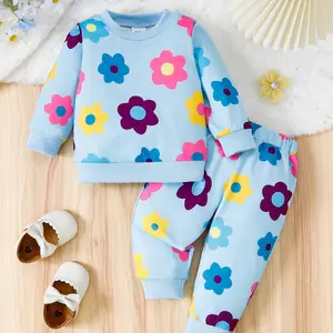 Floral Print Casual Long Sleeve Top & Pants Set for Boys Girls Kids, Autumn Round Neck Comfortable, Stylish Children Clothing Clothes Kids