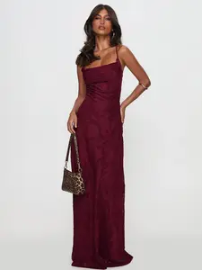 Elegant Wine Jacquard Backless Dress, Cross-Back Design, Bodycon Floor-Length Gown, Vintage Sexy Style Formal Wear for Evening & Date