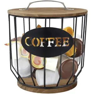 Clearance！Coffee Pod Holder Vintage Coffee Capsule Basket with Wooden Base Mug Shaped Black Wire Coffee Pod Organizer Reusable Coffee Capsule Storage Espresso Capsules Container for Home Countertop Decor