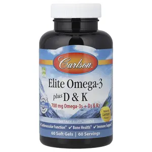 Carlson Elite Omega-3 Plus D & K, Natural Lemon, 60 Soft Gels