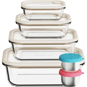 Glass  Storage Containers with  Glass , Stainless Steel Salad Dressing Containers, LeakProof  Containers Set, 4-pack 12-21-35-50 oz(White)