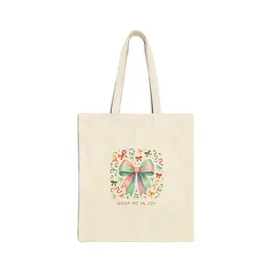 Wrap Me in Joy Tote Bag | Holiday Bow Wreath Canvas Tote