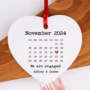 Customized Heart Shaped Ceramic Engagement Ornament as Christmas Gift, Calender Ornament for Engaged Couples, 2024 Christmas Keepsake