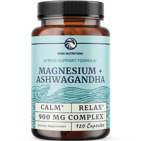 Nobi Nutrition Magnesium & Ashwagandha 900 MG Complex - Calming Supplement for Adults - 120 Capsules - US Made - Stress Relief & Muscle Relaxation