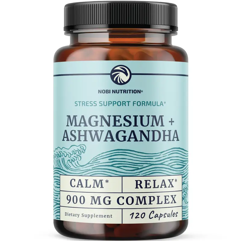 Nobi Nutrition Magnesium & Ashwagandha 900 MG Complex - Calming Supplement for Adults - 120 Capsules - US Made - Stress Relief & Muscle Relaxation