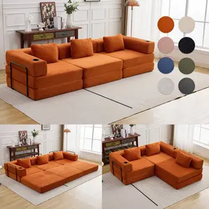 QAK 115" Modular Floor Sofa Bed with Two Cup Holders High-Quality Corduroy Fabric Free Combination Design Premium Sponge Padding Multifunctional for Small Spaces Living Room Mattress