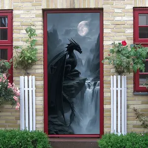 2pcs Mythical Black Dragon Wall Sticker with Moonlight Waterfall Design Stereo Effect Self Adhesive Removable Waterproof PVC Decal for Living Room Bedroom Medieval Fantasy Home Decor Art Mural