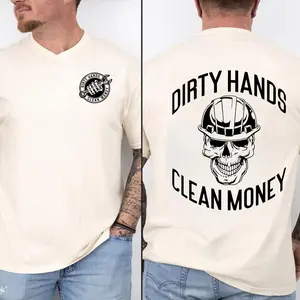 Unisex Graphic Workwear T-Shirt – Dirty Hands Clean Money Skull Hard Hat Print, Casual Construction Tee for Men and Women, Labor Pride Shirt
