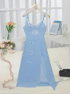Women's Semi-sheer High Slit Camisole Dress and Panty Set, 3d Embroidered Butterfly Accents, Adjustable Strap Long Sleepwear for All Seasons, Womenswear, Loungewear