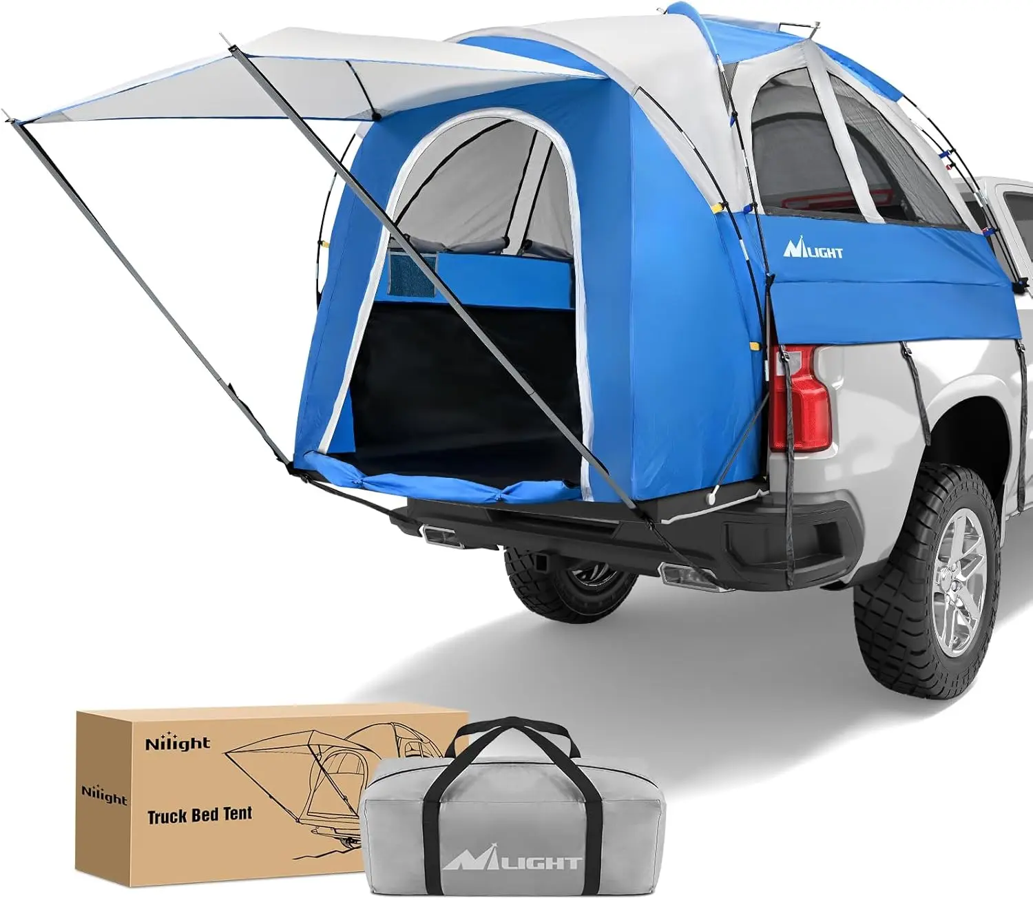 Nilight 2-Person 5.0-5.5FT Foldable Truck Bed Tent - Waterproof PU2000mm Double Layer Rainfly, Removable Awning, Mesh Pockets, Storage Bag, Blue Grey, Gazebo Canopy Tent, Canopy and Sunshade, Pickup Car Accessories