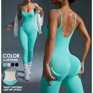 One-piece threaded yoga jumpsuit for women with thin straps and beautiful back, suitable for running, tummy control, and butt-lifting fitness jumpsuit