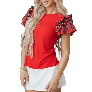 MULLVEIG Women's Ruffle Plaid Pearl Short Sleeve Crewneck T Shirt Christmas Top Blouse Casual Cute Fitted Holiday Outfit