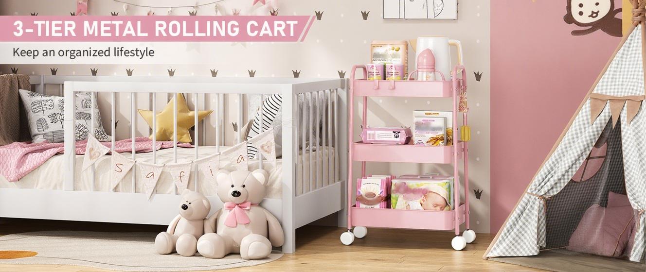 3-Tier Rolling Utility Cart with Wheels, Space-Saving Storage Organizer for Kitchen, Bathroom, Office and Dorm, Easy Assembly