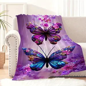 1pc Two Piece Purple Butterfly Flannel Print Blanket, Modern Style Blanket, Soft And Comfortable Blanket, Travel Sofa Bed, Office Home Decoration, Birthday Gift Blanket, Suitable for Boys, Girls, Adults, Available in All Seasons