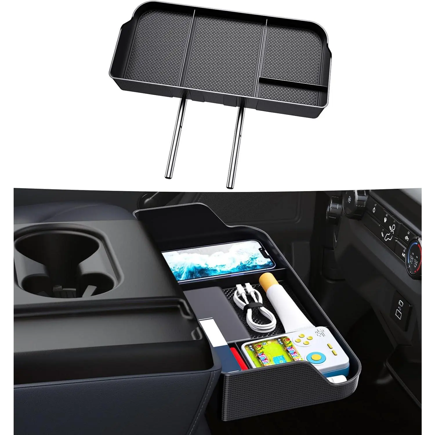 Metal Front Center Console Storage Box & Tray, Jump Seat Compatible Armrest Table Insert for 2011-2025 Ford F150-F650, Car Storage & Headrest Tray Interior Stowing Accessory