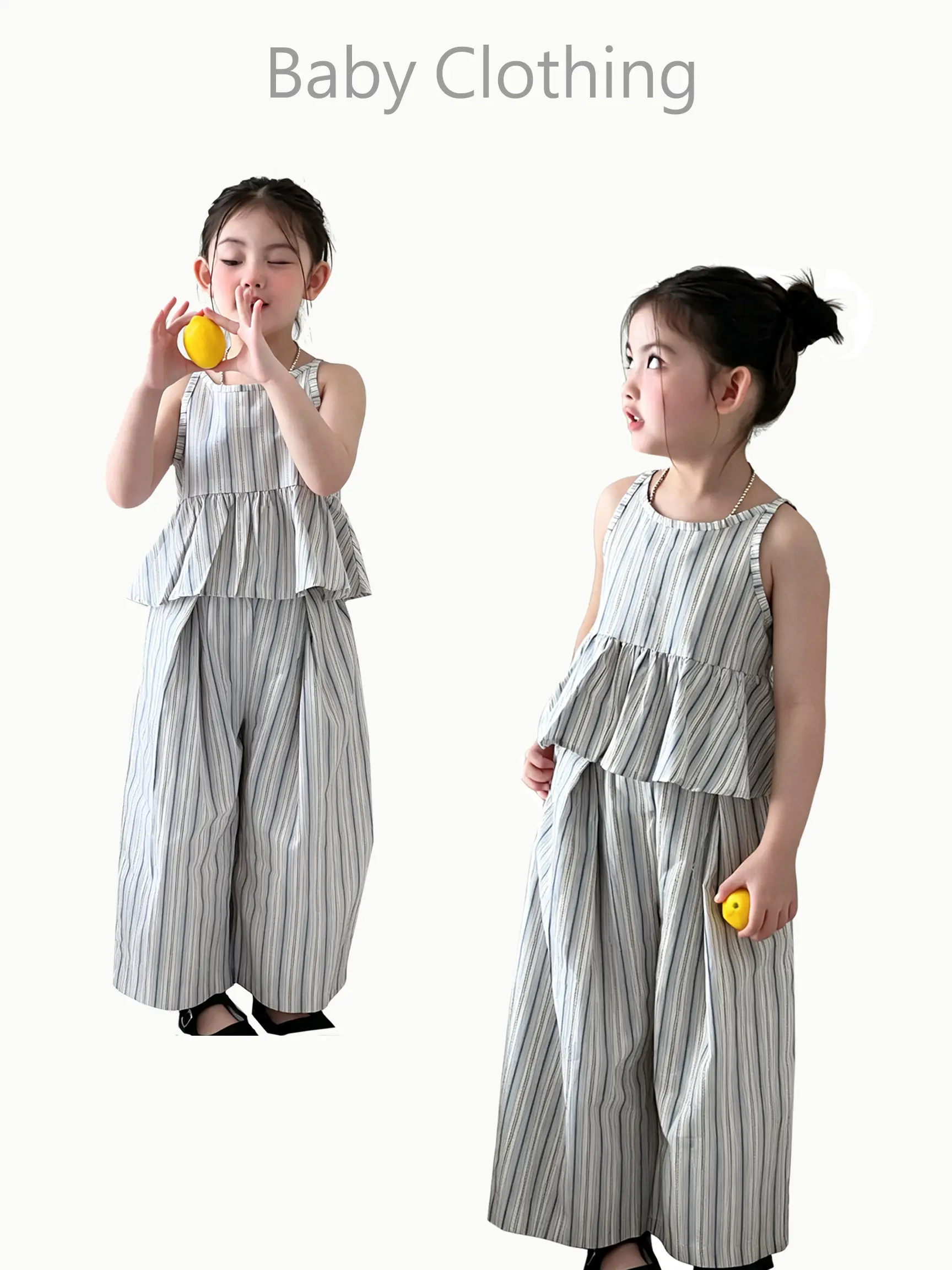 Parent-child mother and women's clothing girls vest set neutral striped sleeveless top and wide-leg pants 2-piece set | 2-14Y girls' casual summer clothing,