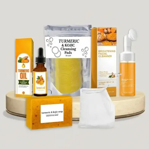 Unisex 5-Piece Turmeric Multi-Pack Skincare Kit - Brightening Face Wash Set with Soap, Turmeric Oil, Cleansing Lather Mousse, Wipes, Daily Care for Normal Complexion Even Skin Tone