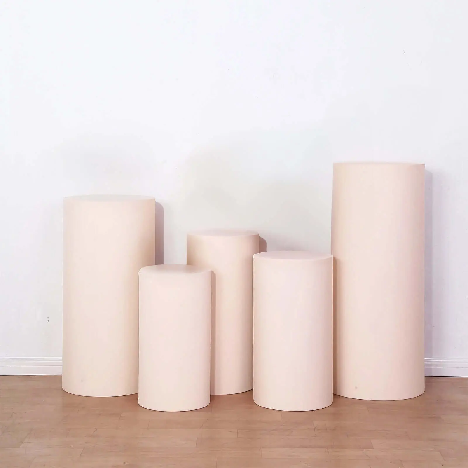 Blush Pink Spandex Cylinder Pedestal Stand Covers (Set of 5) - 160 GSM Stretchable Pillar Covers for Home Care Supplies, Wedding Decor, Stores/Malls