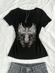 V Neck Slim Fit Y2K Grunge Cross Wings Graphic Baby Tee | Trendy Gothic Aesthetic Crop Top for Women, Soft Stretchy Cotton Blend, Perfect for Casual Streetwear, Concert Outfits & Daily Errands, Y2K Revival, Edgy Fairycore, Alt Girl Essential, Viral TikTok
