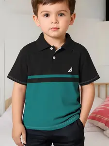 Boys' Striped Polo Shirt, Casual All-Season Short Sleeve, Slim Fit with Collar, Daily Wear, Simple Sailboat Label, Polo Shirt For Kids