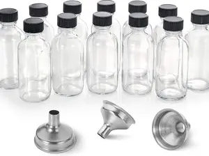 12 Pack, 2 oz Small Clear Glass Bottles w/ Lid & 3 Stainless Steel Funnels - 60ml Boston Sample Bottles - Mini Travel Essential or Decorative Bottles for Potion, Juice, Wellness, Ginger Shots, Whiskey