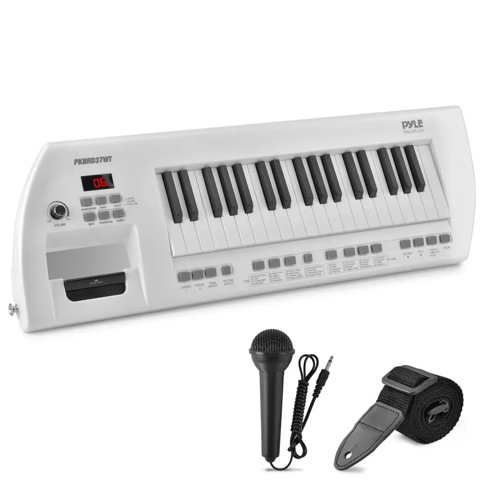 37-Key 2-in-1 Compact Karaoke Electric Keyboard Piano for Kids, Rechargeable Battery, Stereo Speakers, Headphone Jack, Adjustable Volume, 110V/240V (5V DC), Engineered ABS, 27.8x8.9x2.8in, White, Drum Mode Percussion, Different Percussion Under Drum Mode