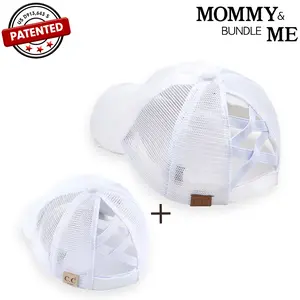 C.C Mommy & Me Washed Cotton Twill Mesh Pony Cap with Criss-Cross Elastic Band Bundle aaa  white  hat