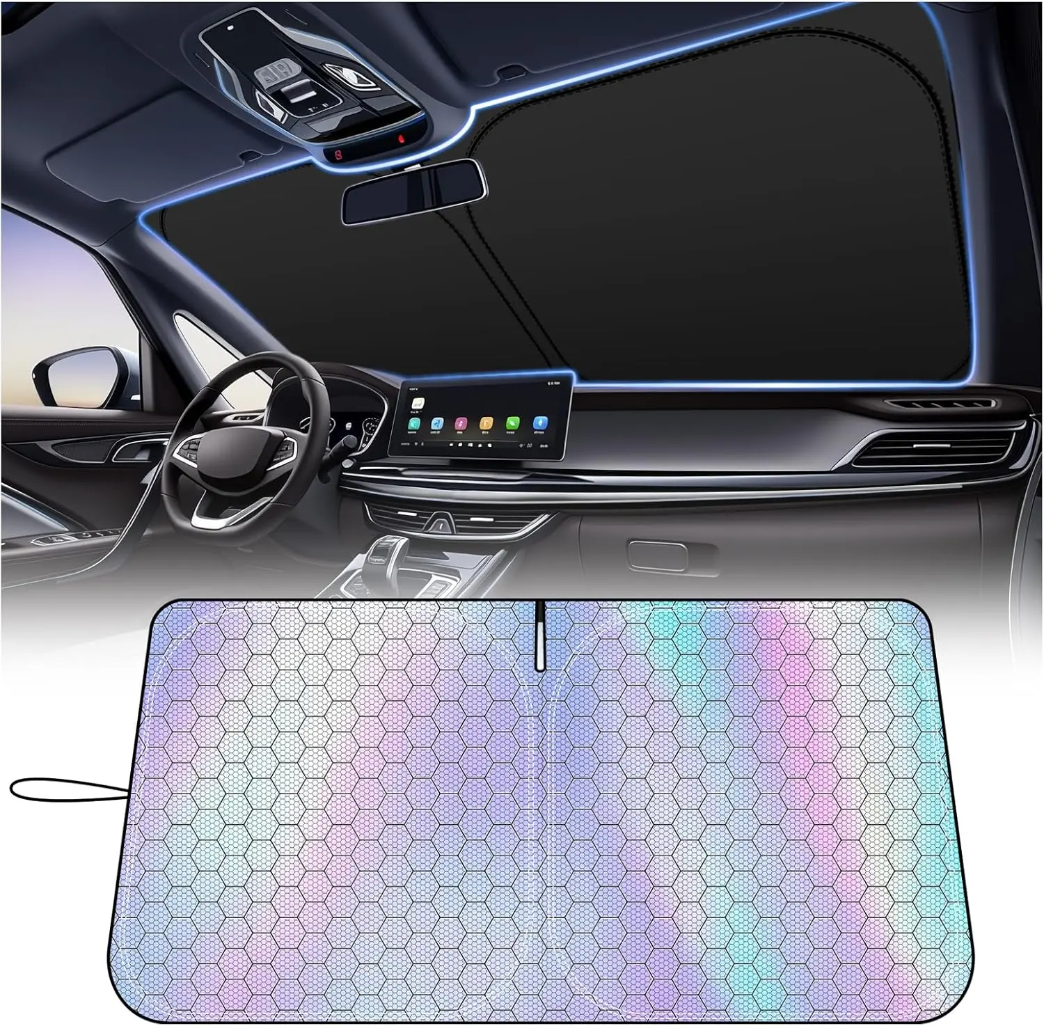 57"x31.5" Upgrade Laser Radium Reflective Car Windshield Sun Shade,Reflective Polyester Blocks Heat and Sun Flexible Highly Elastic Steel Wire Frame Double Thickened Foldable Sun Shield -【DealsForYouDays】