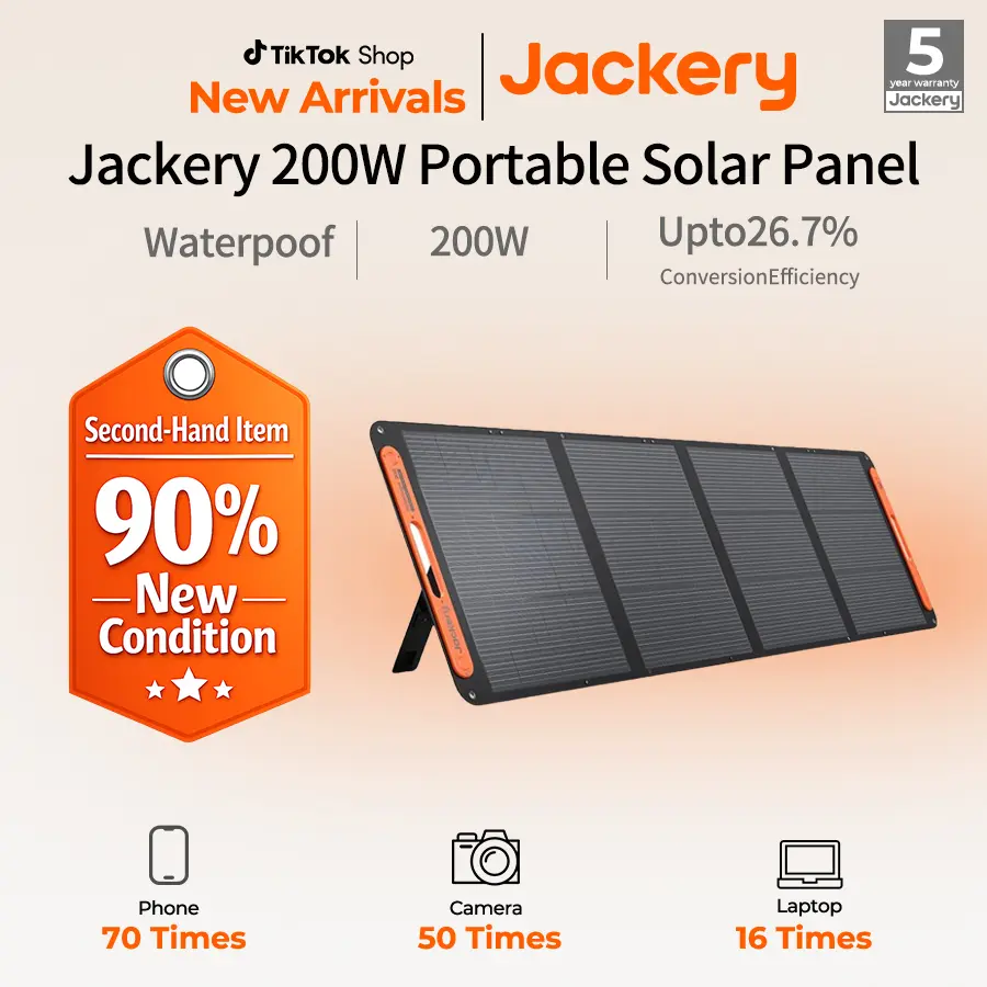 [Second-hand item in 90% new condition]Jackery SolarSaga 200W Portable Solar Panel, IP68 with Sunlight Angle Indicator, Compatible with Jackery 1000v2/2000v2/2000 Plus/3000Pro Solar Generator, for Rooftops Outdoor Camping and RVs