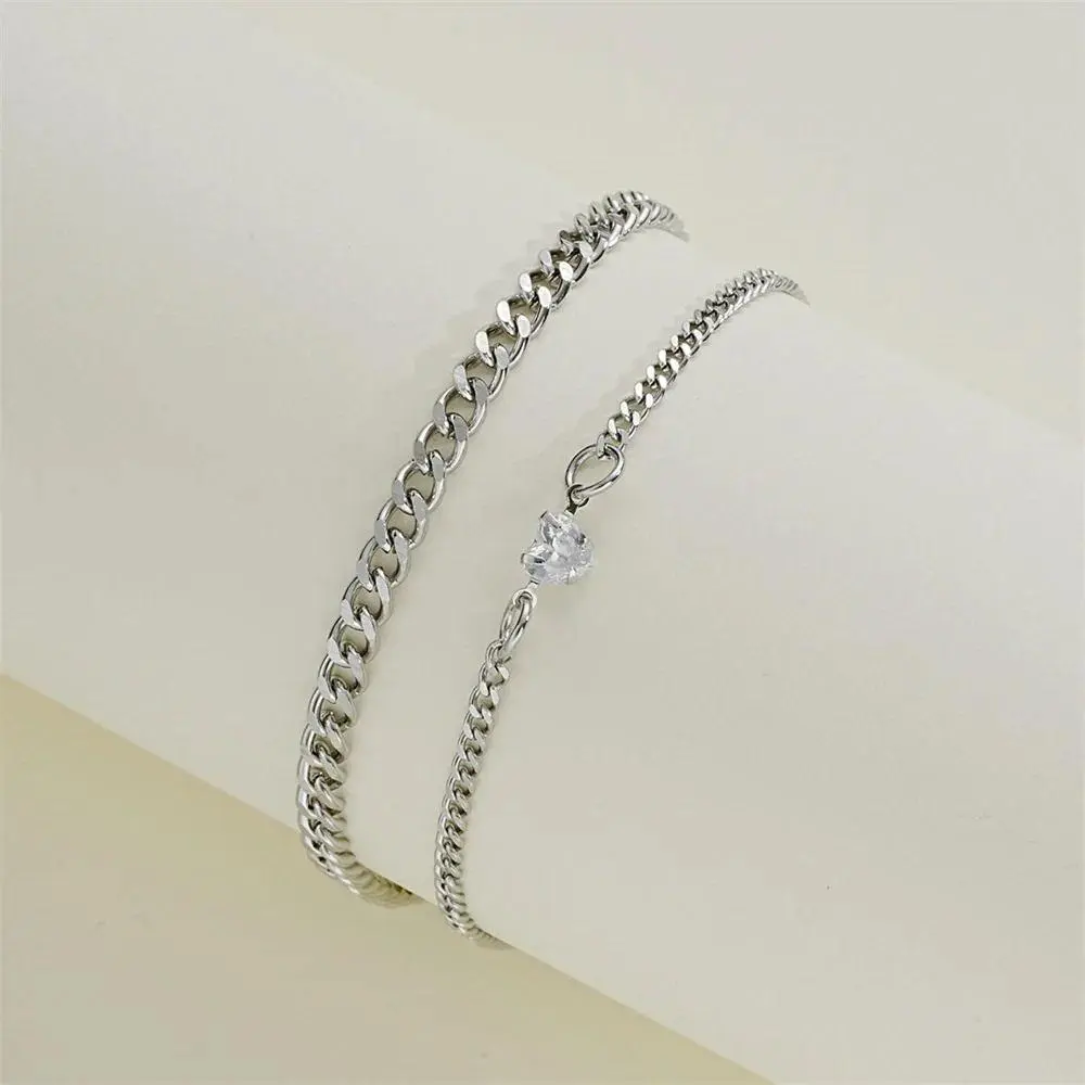 S925 Silver Minimalist Bangles - 2pcs Adjustable Couples Bracelets with Crystal Heart Chain, Engraved Words, Elegant Shiny Design, Romantic Gift for Adults, 23cm, Hand Chain Bracelet, Everyday Wear