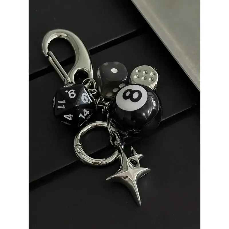 Black & Silver Charm Bracelet Keychain with 8-Ball and Dice Y2K Aesthetic 8 Ball Dice Keychain, Funky Retro Purse  main image 2