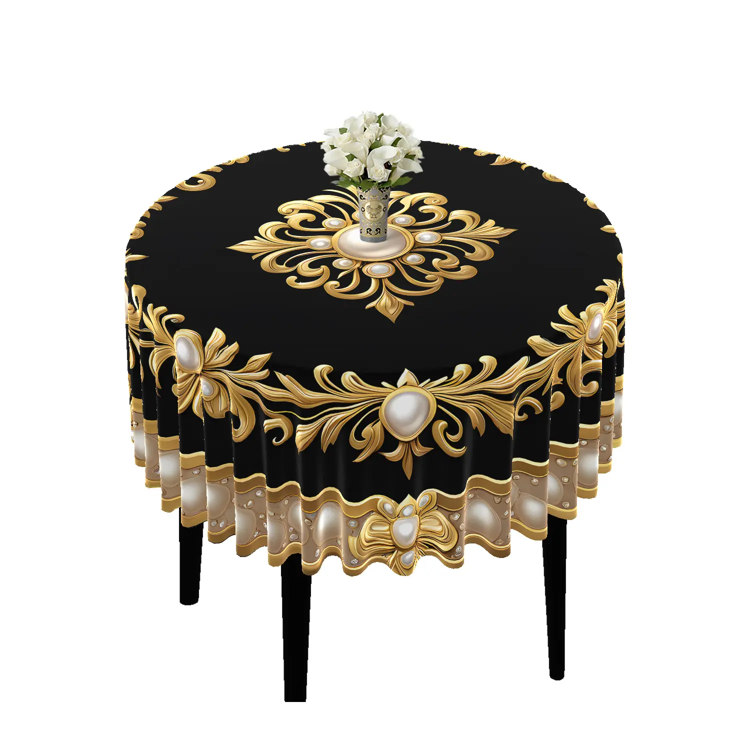 EastJia Made in USA Boho Glam Synthetic Round Tablecloth - Black Background, Gold Border, Pearl Totem Print, 60x60/70x70in, Washable, Reusable, Wrinkle Resistant, Indoor/Outdoor, Ideal for Home Supplies, Room Decor, Patio Decor, Sofa Cover