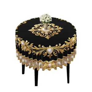 EastJia Made in USA Boho Glam Polyester Round Tablecloth - Black Background, Gold Border, Pearl Totem Print, 60x60/70x70", Washable Reusable Multifunctional, Ideal for Patio, Backyard BBQ, Home Decor