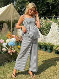 MaterniRIO Striped Camisole And Wide Leg Pants Maternity 2 Pieces Set