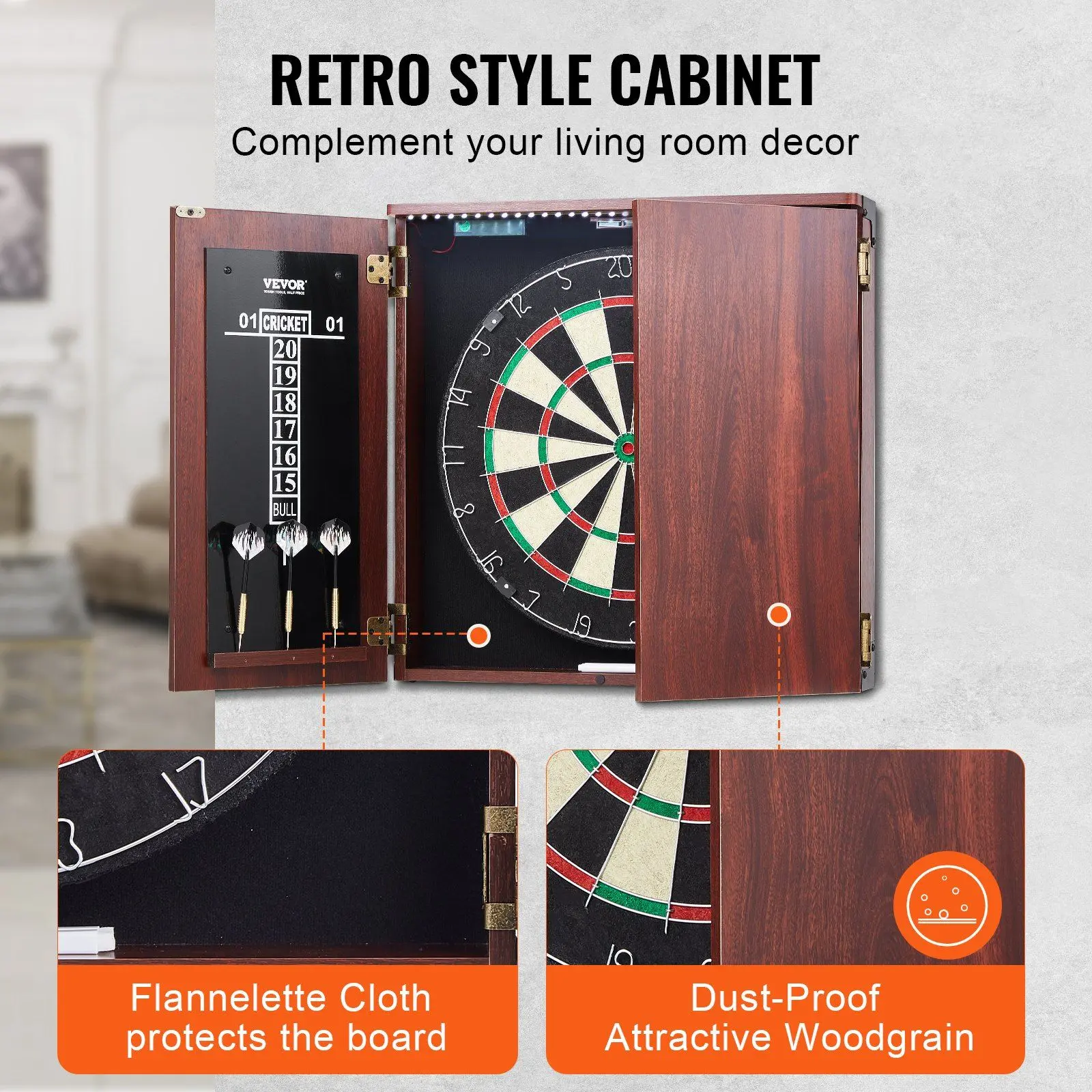 VEVOR Official Size Steel Tip Dartboard and Cabinet Set, Complete Accessories, Woodgrain Design, Vintage Style for Dart Game, with LED Lights for Living Room Decor