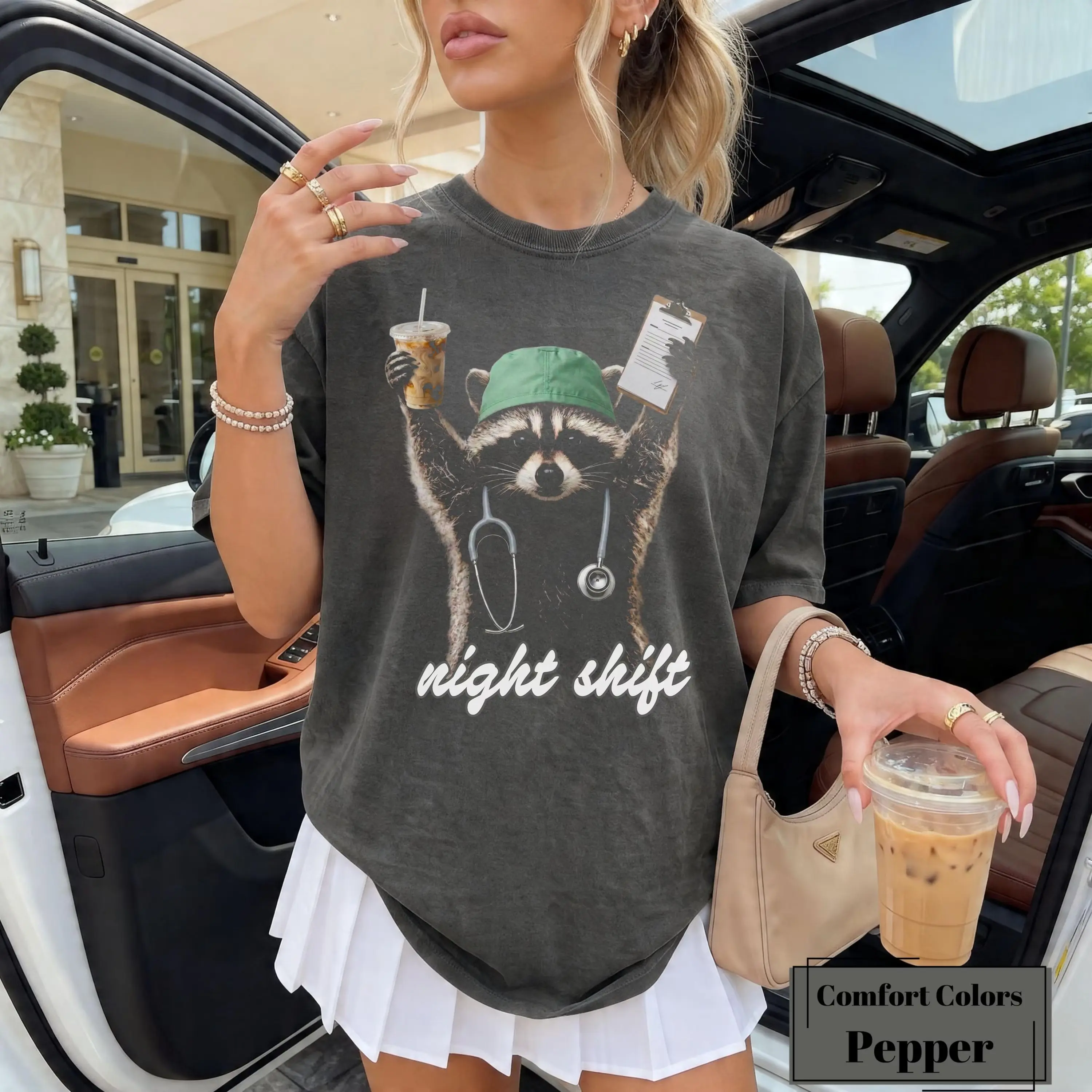 Women's Night Shift Raccoon Nurse Cotton Round Neck Casual Top, Funny RN-CNA Medical Humor Tee, Healthcare Worker Comfort Colors Gift, Tops, Tshirt, Short Sleeve, Humorous Tee, Graphic Print, Cold Wash, All Seasons, Soft Cotton, Crew Neck, Do Not Bleach,,