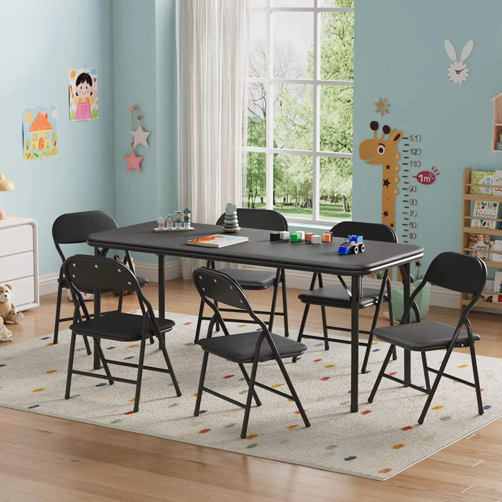 7 Piece Folding Kids Table and Chairs Set, Children Activity Table and Chairs Set for Dining Room,Daycare,Classrooms