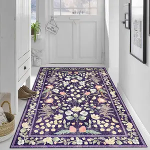 【Velvet + 850g/m² + Anti-slip dotted base】1pc Dreamy Purple Base Fresh Wildflower and Plant Leaf Pattern Carpet, Comfortable and Beautiful, Versatile Decorative Style, High-Definition Pattern Printing with Double Locking Edges.