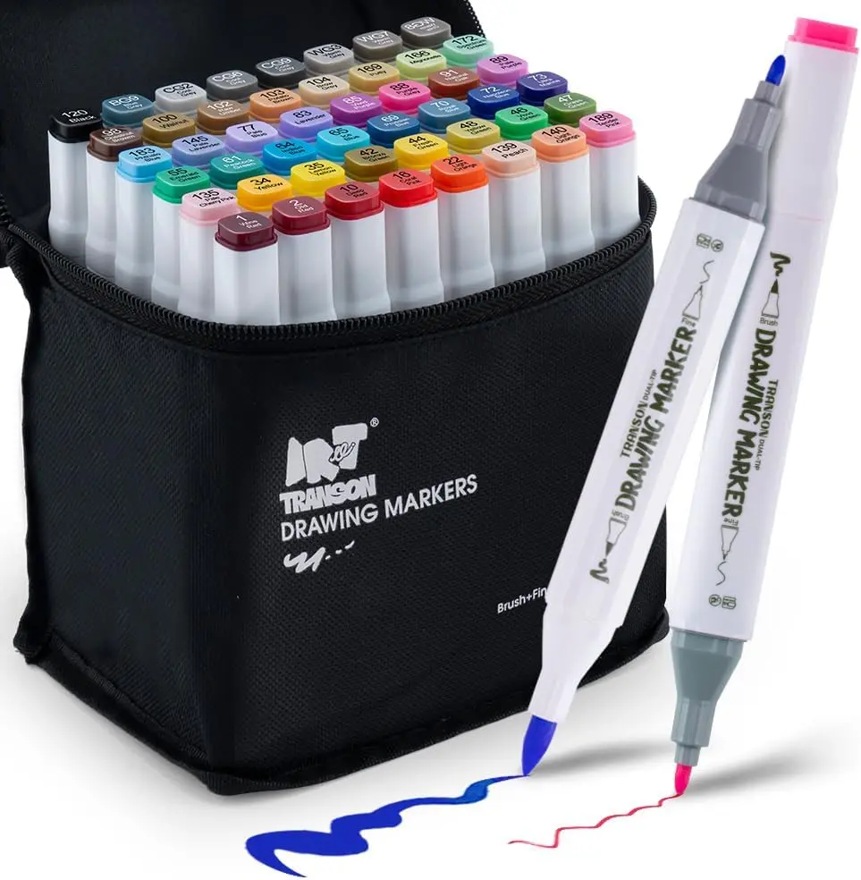 TRANSON Alcohol Brush-Tip Markers & Highlighters, Dual-Tip Fine and Brush Writing Tools for Coloring, Office Stationery Supplies