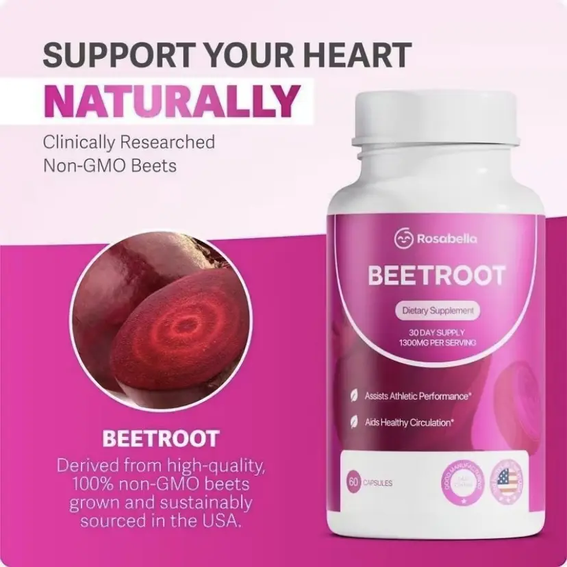 Rosabella Organic Beetroot Capsules (1300mg) - Natural Wellness Supplement for Blood Flow Support, Heart Health, Antioxidant Benefits, Antioxidants