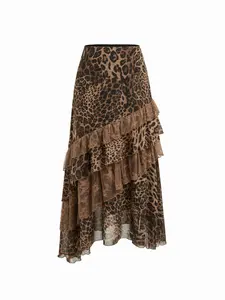 Cider Chiffon High Rise Leopard Print Layered Maxi Skirt