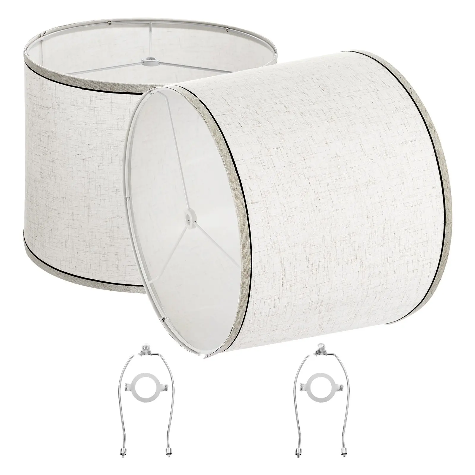 Lamp Shade Set of 2 with Harp Fitter, 11 x 13 x 10 Inches, Light Linen Fabric with Black Edge Trim, Classic Drum Style Lampshade for Table Lamps and Floor Lamps, Easy Install and Durable