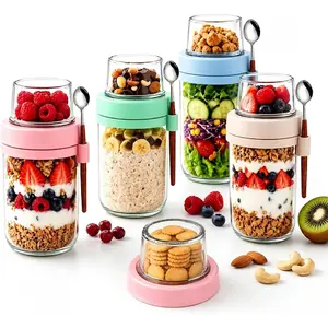 4 Pack Glass Overnight Oats Containers with , 20 oz Yogurt Container Set with Spoon,  Layer Oat Jars for Overnight Meals, Leakproof Breakfast Jars with  for Salad, Parfait, Snack