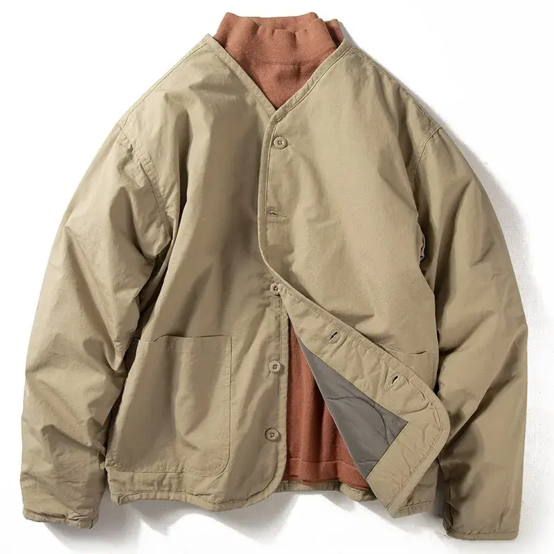Men's Loose-Fit Quilted Workwear Top, Japanese Cardigan-Style Collarless V-Neck Padded Jacket for Casual Winter Wear