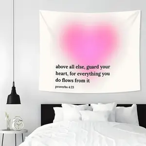 Heart Bible Verse Pattern Tapestry, 1 Count Aesthetic Wall Hanging Decor, Hanging Tapestry for Bedroom Home Office Decor, Valentine's Day Gift Idea, Durable Decorative Tapestry