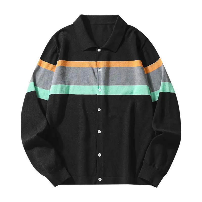 One black base three color horizontal stripe lapel button front men’s knit cardigan, urban casual style with layered color block horizontal rib texture paired with soft knit yarn, ribbed cuffs and hem, suitable for men for shopping, exploring stores, and