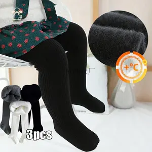 CGP-3-Pack Girls' Fleece-Lined Thermal Tights - Thick Warm Winter Leggings, Solid Color Black & White, Versatile Indoor/Outdoor Wear, Hand Wash Only, Perfect for Fall/Winter, Winter Leggings, Outdoor Clothing, Stylish Leggings, Soft Fleece Lining